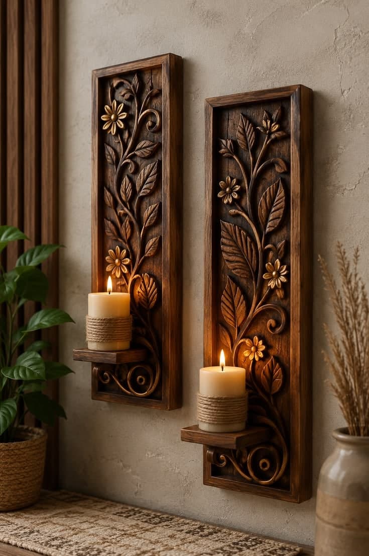 Floral Vine Candle Sconce — Solid sheesham wood, hand-carved