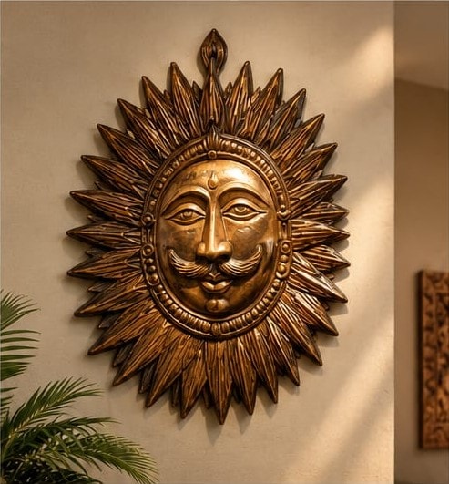 Hand-carved Sun Wall Art in mango wood with an antique brass finish