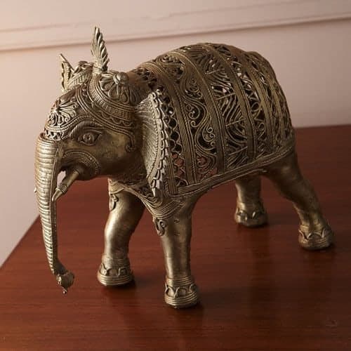 Dhokra brass elephant figure with fine wax-thread detailing