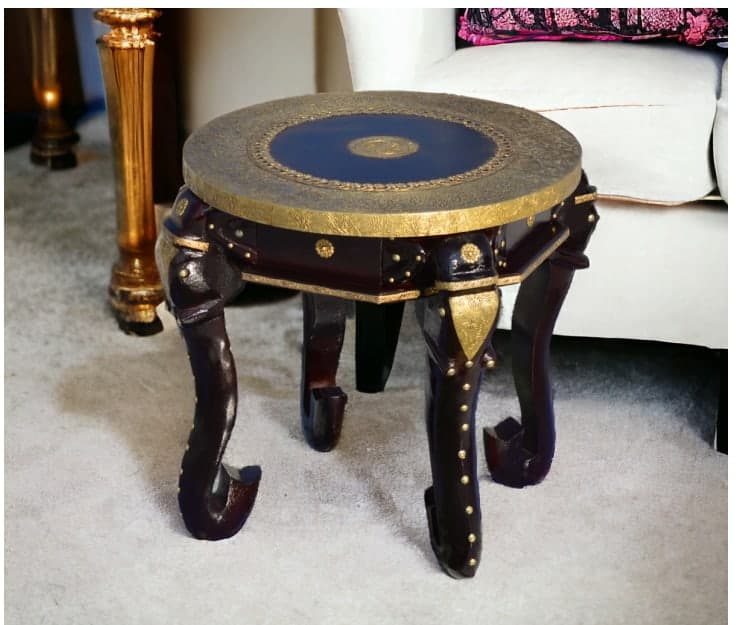 Elephant Throne Side Table — Solid mango wood with brass inlay